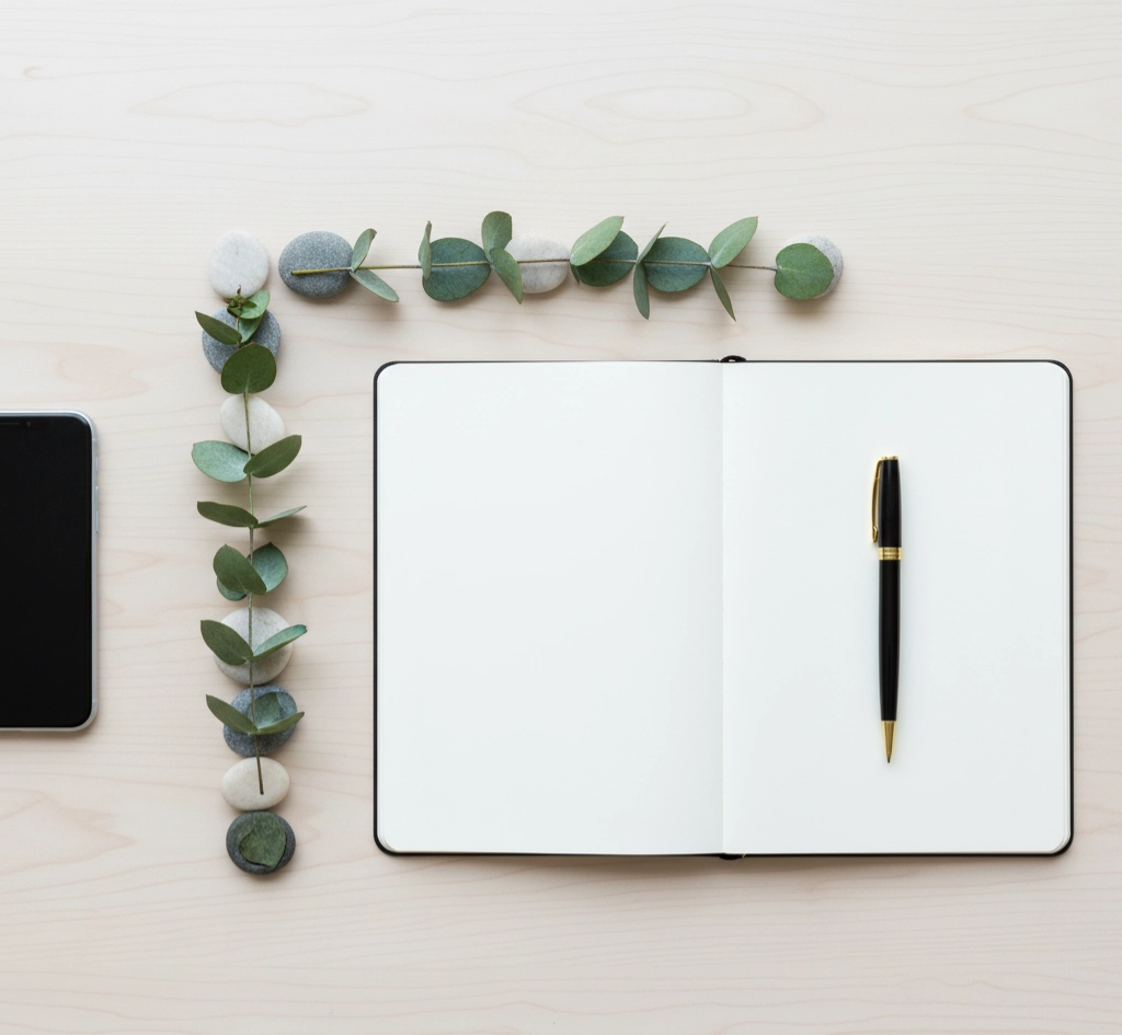Minimalist desk with smartphone separated from notebook